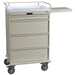 A beige metal cart with four drawers and a side shelf sits on wheels against a white background. The cart's top is white. 