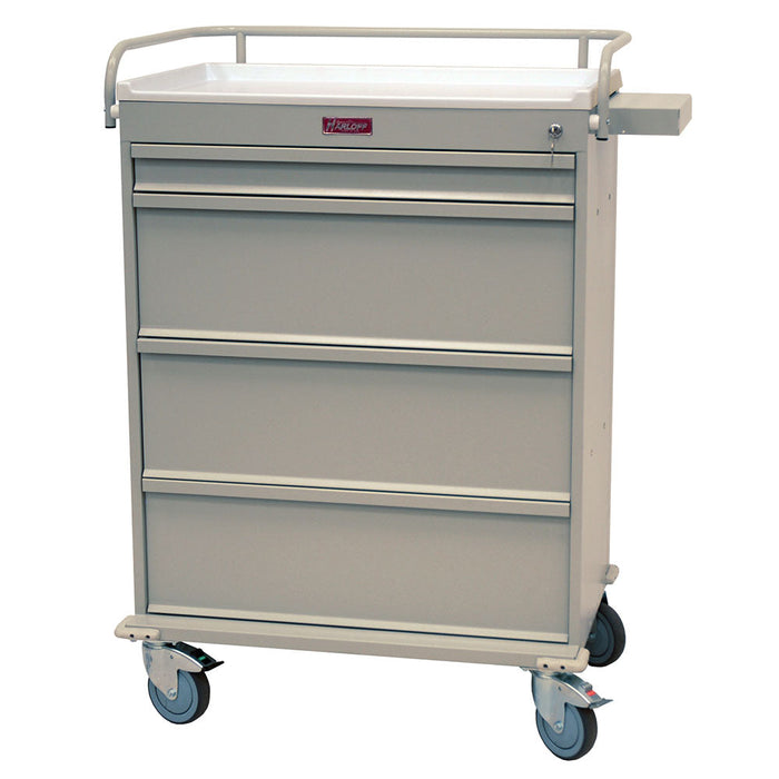 A light-grey metal cart with four drawers sits on four wheels. A flat surface is on top, and a small, rectangular attachment is on the right.