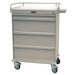 A light-grey metal cart with four drawers sits on four wheels. A flat surface is on top, and a small, rectangular attachment is on the right.