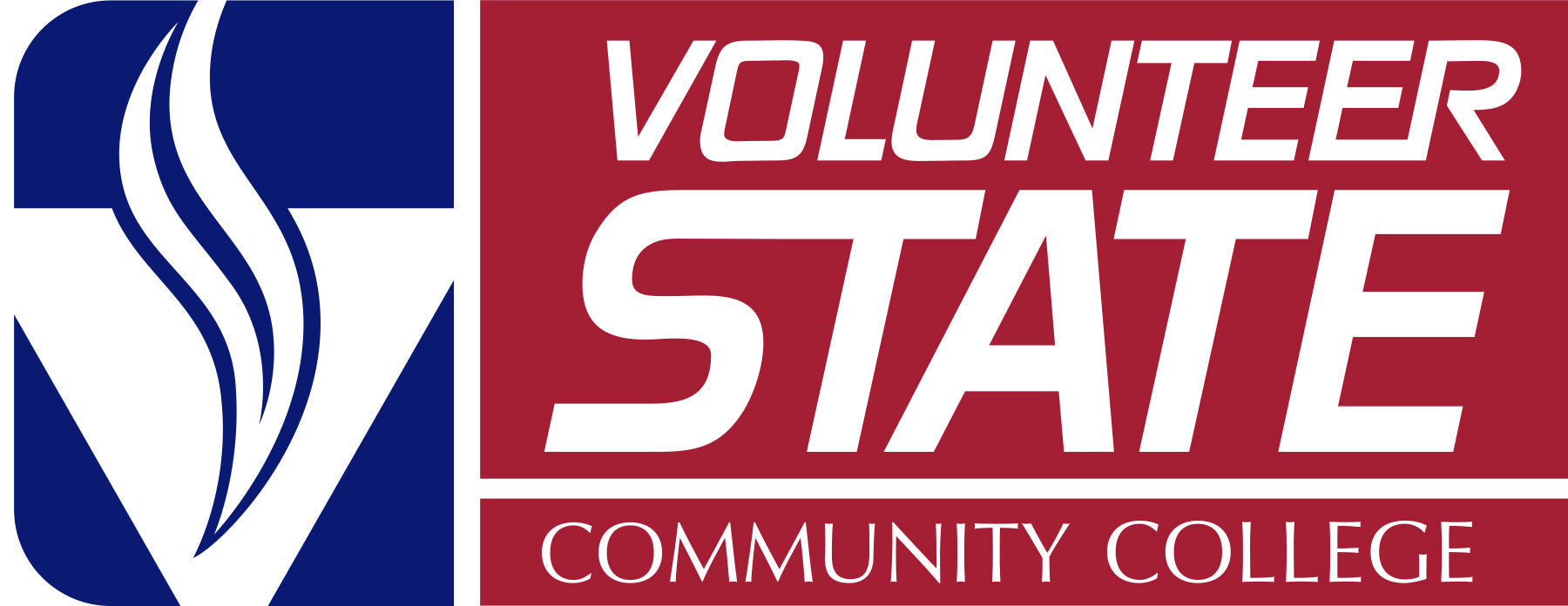 A logo displays "VOLUNTEER STATE COMMUNITY COLLEGE," with "VOLUNTEER STATE" in large, white, stylized font on a maroon rectangle; a blue section to the left features a stylized flame.