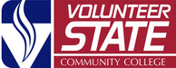 A logo displays "VOLUNTEER STATE COMMUNITY COLLEGE," with "VOLUNTEER STATE" in large, white, stylized font on a maroon rectangle; a blue section to the left features a stylized flame.
