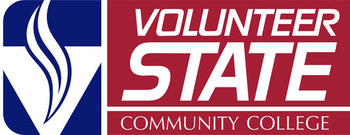 A logo displays "VOLUNTEER STATE COMMUNITY COLLEGE," with "VOLUNTEER STATE" in large, white, stylized font on a maroon rectangle; a blue section to the left features a stylized flame.