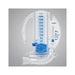 A clear plastic incentive spirometer sits on a gray background; it features a graduated cylinder, a mouthpiece, and a handle; the device is marked with milliliter graduations and instructions.