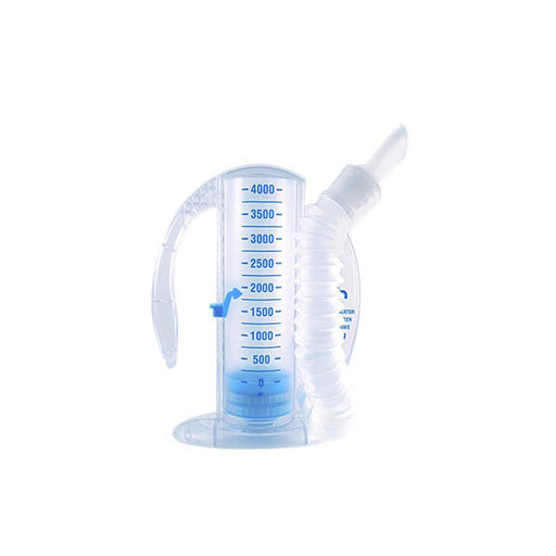 A transparent incentive spirometer, featuring a graduated cylinder and a flexible tube, sits on a white background. The cylinder displays measurements from 0 to 4000.