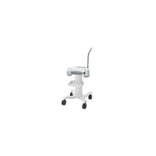 A white medical cart stands on four wheels. It features a flat surface, side baskets, and an adjustable arm. The cart is situated in a plain background.