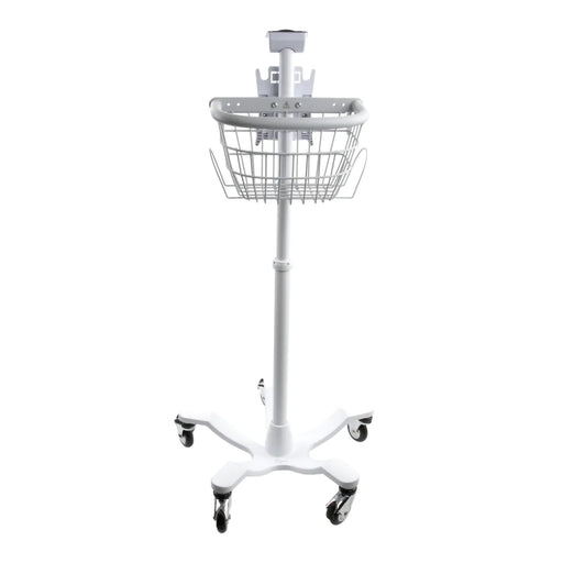A metal medical basket sits atop a wheeled stand, providing mobile storage in a clinical setting.
