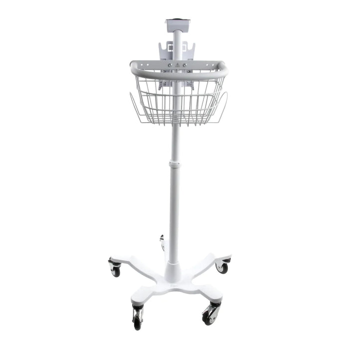 A metal medical basket sits atop a wheeled stand, providing mobile storage in a clinical setting.