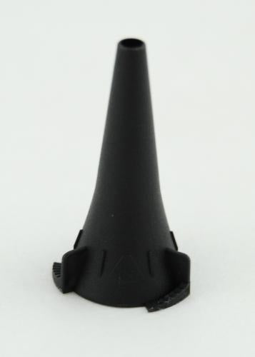 A black, cone-shaped ear tip sits on a white surface. The tip has a small, circular opening at its apex and a slightly irregular, three-lobed base.