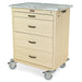 A four-drawer cart sits on wheels. The top is a light gray marbled surface. The cart is light wood. HARLOFF is printed on the top drawer.