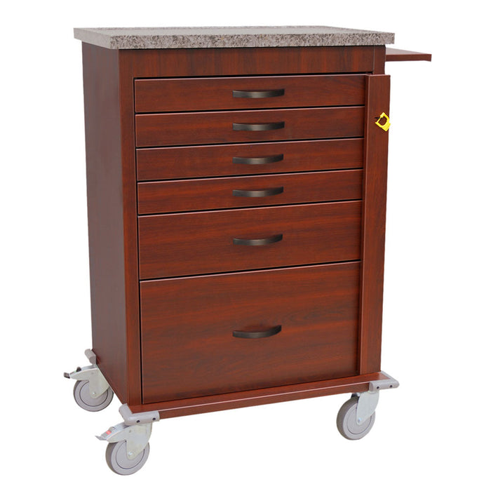 A wooden cart with six drawers and a granite top sits on wheels.