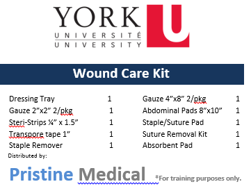 Two bandages sit among various first-aid supplies, including cotton swabs, gauze, and antiseptic liquids, on a white surface near a metal tray.
