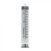 A clear plastic monoject syringe, calibrated in milliliters and ounces, stands upright against a white background.