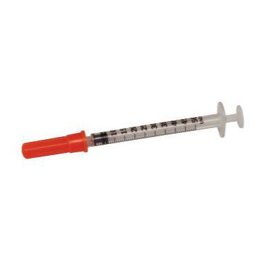 A disposable syringe with a red cap rests on a plain white background. The syringe is transparent, showing a visible scale.