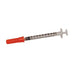 A disposable syringe with a red cap rests on a plain white background. The syringe is transparent, showing a visible scale.