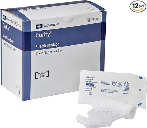 A box of twelve sterile Curity™ stretch bandages (3" x 75") is shown; one bandage is partially unrolled. The bandages are made in the USA.