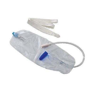 A flexible, transparent urine collection bag lies flat, ready for use, with attached tubing and a closure.