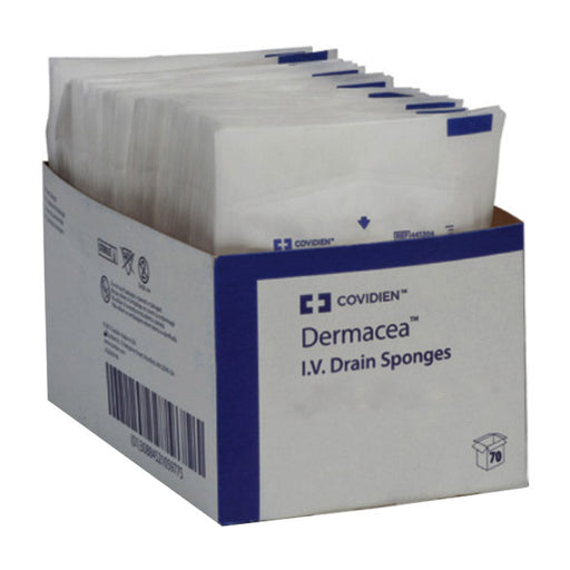 A box of Dermacea I.V. Drain Sponges sits on a surface. The box is primarily white with blue accents, indicating contents and quantity.