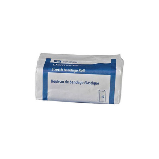 A roll of Dermacea stretch bandage sits on a white background. The packaging indicates it is a Covidien product and contains 12 rolls. "Rouleau de bandage élastique" is also printed on the package.