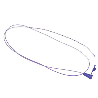 A thin, translucent medical tube with purple connectors rests on a plain white background.