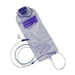 A flexible, transparent plastic bag, containing fluid and attached to a thin tube, rests on a plain white background. The bag has a purple label.