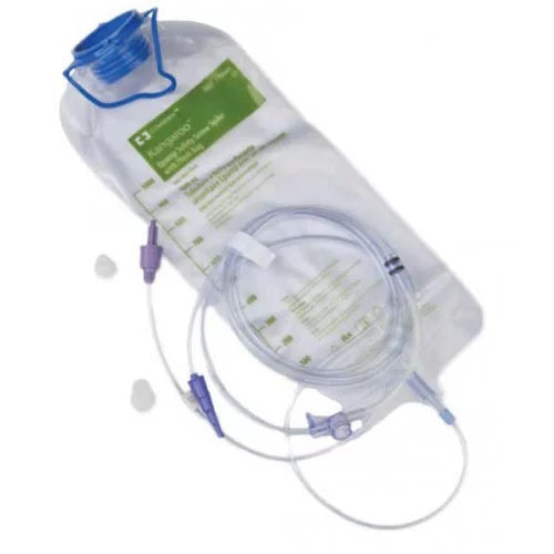 A translucent plastic bag containing fluid, with attached tubing and a blue cap, rests on a plain white background. The bag displays a small green label.