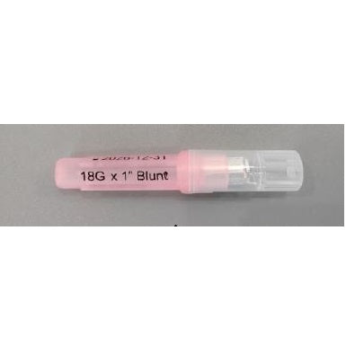A pink, capped, blunt intravenous catheter rests on a gray surface. The catheter is labeled "18G x 1" Blunt".