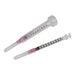 Two plastic syringes lie on a white background; one is slightly longer than the other. Both are transparent with a visible ribbed barrel and a pink band near the tip.