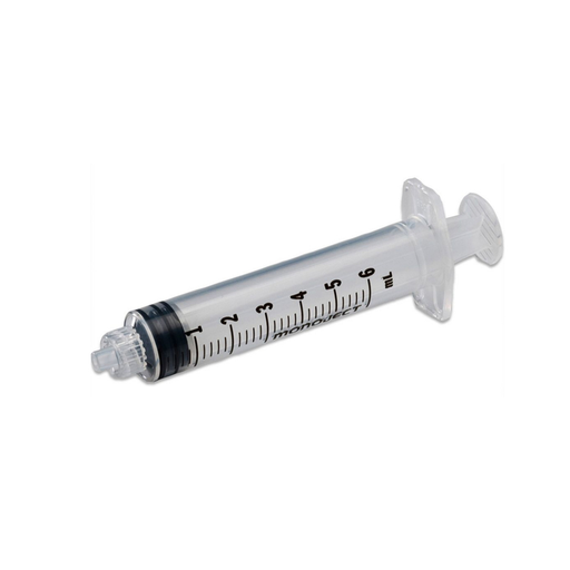 A 6ml Monoject syringe rests on a white background. The syringe is clear plastic with black markings.