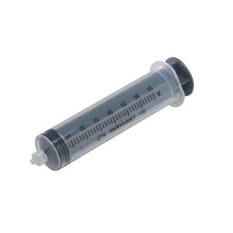 A clear plastic syringe, marked with milliliter measurements and the word "MONOJECT", rests on a white background.