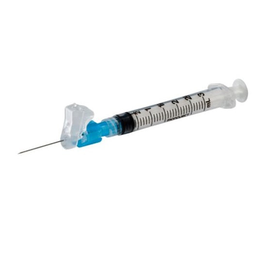 A 3ml syringe with a safety needle lies on a white background.