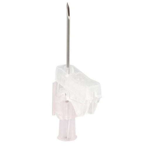 A needle stands upright, attached to a clear plastic housing, on a white background.