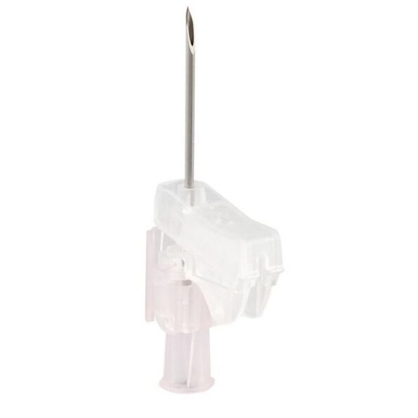 A needle stands upright, attached to a clear plastic housing, on a white background.