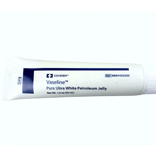 A tube of Vaseline Pure Ultra White Petroleum Jelly rests on a surface. The tube is white with blue labeling. The label includes the brand name, product description, and weight.