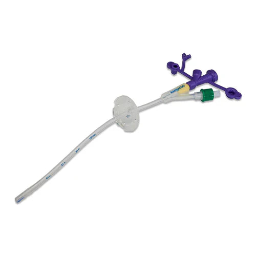 A Kangaroo medical catheter extends on a white background. It features a clear tube with blue markings, a circular base, and a purple connector with additional attachments.