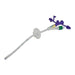 A Kangaroo medical catheter extends on a white background. It features a clear tube with blue markings, a circular base, and a purple connector with additional attachments.