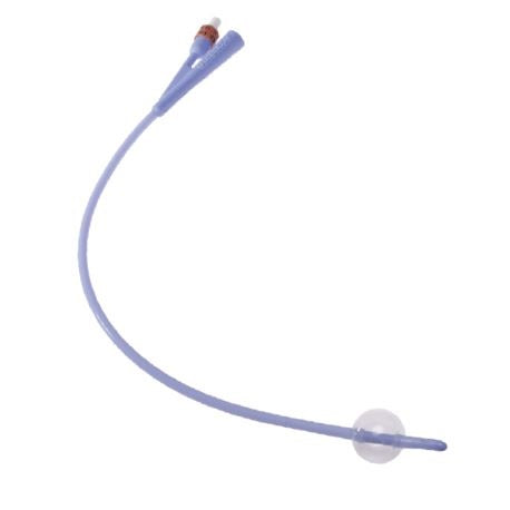 A flexible catheter curves gently, its tip featuring a small, red port and a translucent balloon near the base, isolated against a white background.