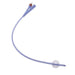 A flexible catheter curves gently, its tip featuring a small, red port and a translucent balloon near the base, isolated against a white background.