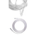 A clear, plastic oxygen tubing lies coiled on a white background; two close-ups show connectors at either end.