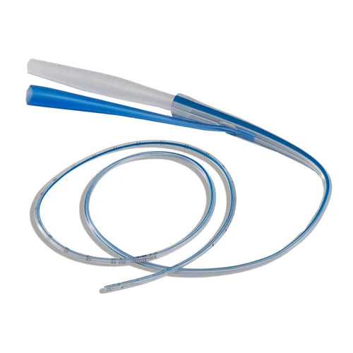 A blue and clear medical catheter lies on a white background. The catheter is composed of a long tube and a shorter, dual-lumen tip.