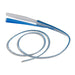 A blue and clear medical catheter lies on a white background. The catheter is composed of a long tube and a shorter, dual-lumen tip.