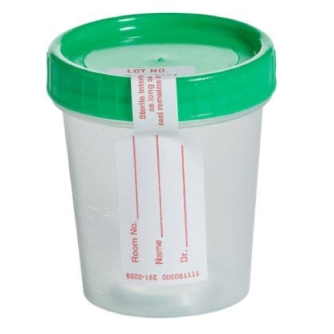 A clear plastic container with a green lid sits on a plain background. The container has markings on its side and a small label.
