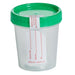A clear plastic container with a green lid sits on a plain background. The container has markings on its side and a small label.