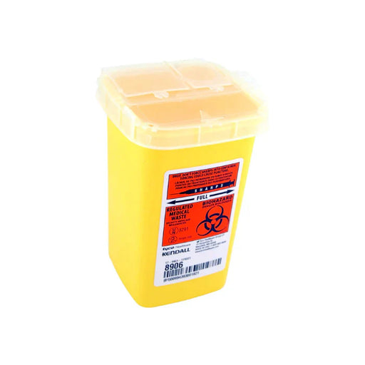 A yellow sharps container sits on a white background; it is full and labeled with biohazard warnings and product information including the number 8906.