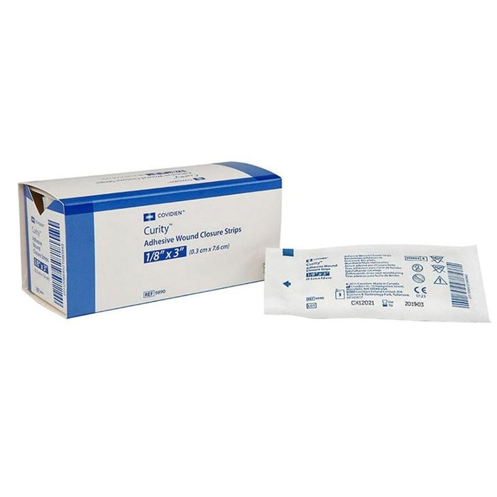 A box of Curity adhesive wound closure strips sits beside a single strip; the strips are 1/8" x 3", and are for wound closure.