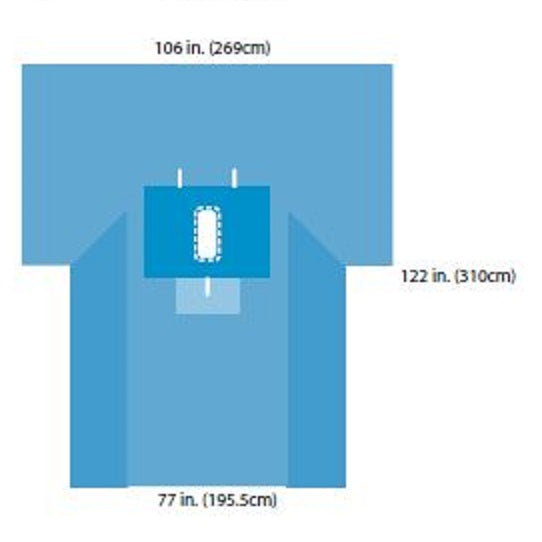 A surgical drape is shown laid out with dimensions in inches and centimeters. It has a central opening and is designed for a surgical procedure.