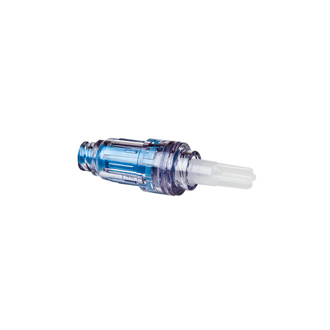 A translucent blue and clear medical connector lies angled on a white background. It appears to be a type of intravenous (IV) or injection fitting.