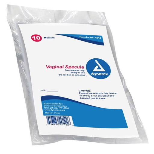 A package of ten medium vaginal specula is sealed in plastic. It's ready for single use and should not be boiled or autoclaved. The packaging includes manufacturing information and a legal caution.