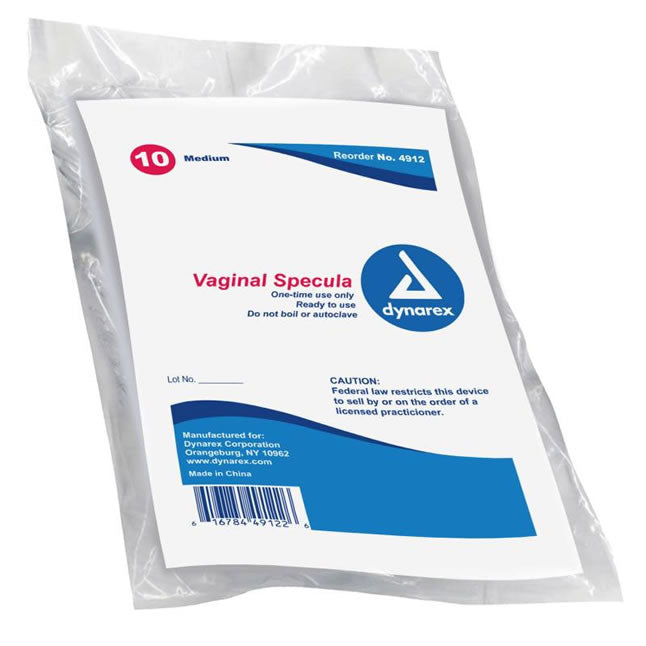 A package of ten medium vaginal specula is sealed in plastic. It's ready for single use and should not be boiled or autoclaved. The packaging includes manufacturing information and a legal caution.