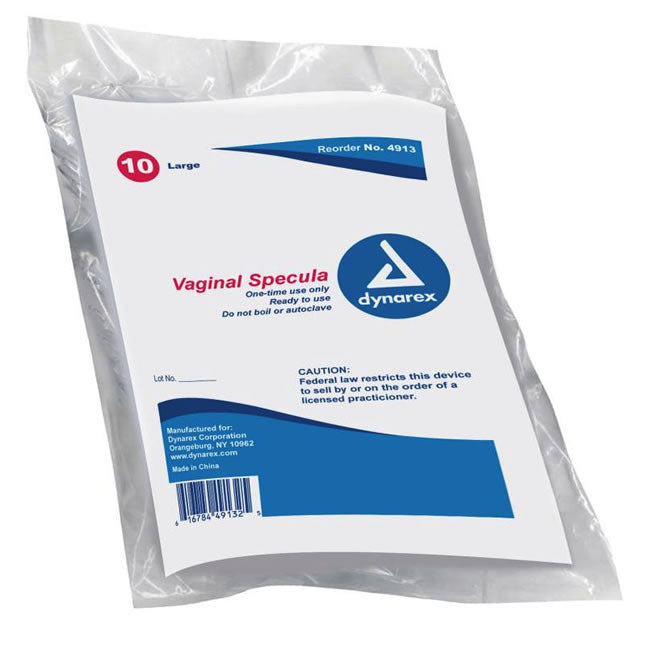 A package of ten large vaginal specula is shown; it is ready to use, for single use only and should not be boiled or autoclaved. The package displays warnings about federal law restricting sale.