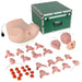 A female pelvic model and various fetal and placental models are arranged alongside a green carrying case.